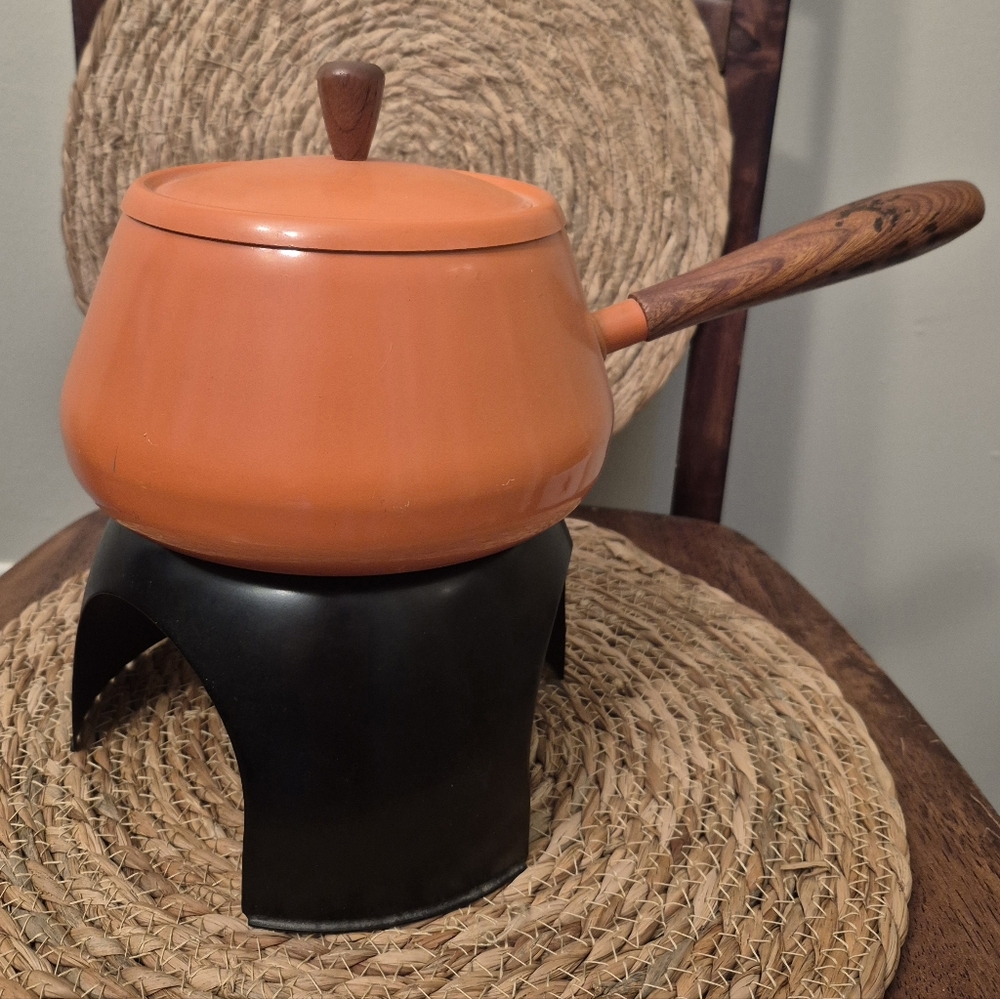 Vintage Orange Enamelware Fondue Pot Set Like New
